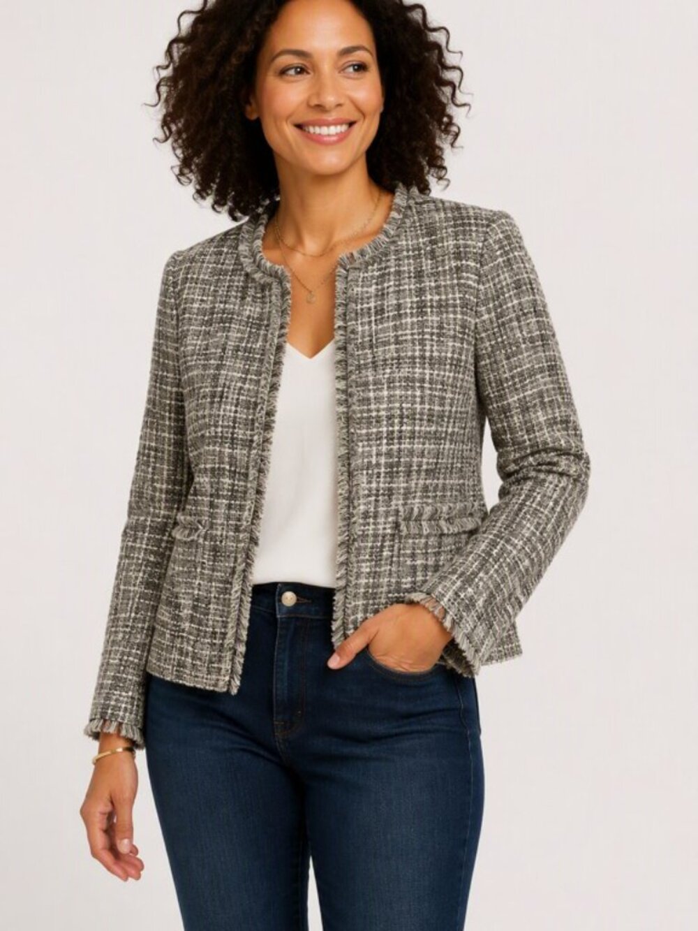 Susina Lightweight Blk Wht Gray Cropped Tweed Jacket with Fringe Trim Size XL